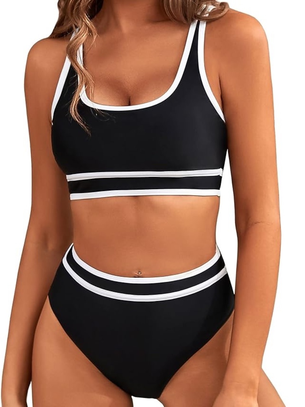 NWT- Classic Black & White Trim High-Waist Bikini - Women Swim